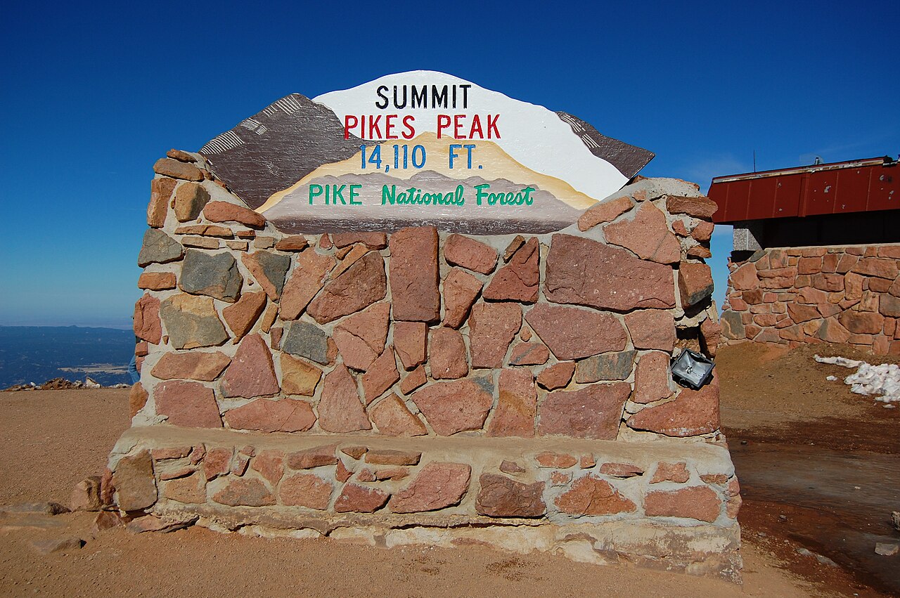 The Summit sign at Pikes Peak, Colorado, elevation 14,110 feet